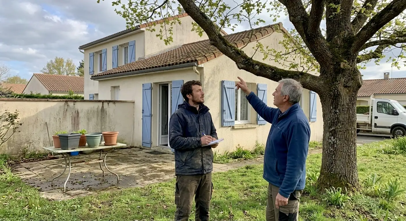 L'artisan élagueur prend des notes avec un propriétaire au pied de son chêne