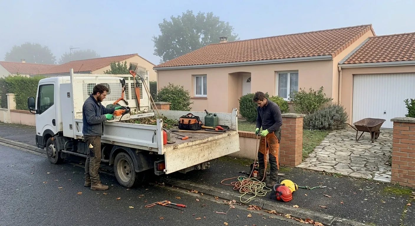 Deux élagueurs préparent cordes et matériel devant le camion-benne