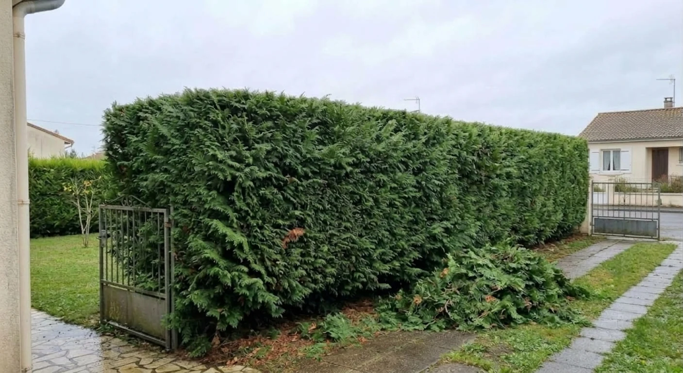 La même haie taillée droite, allée dégagée