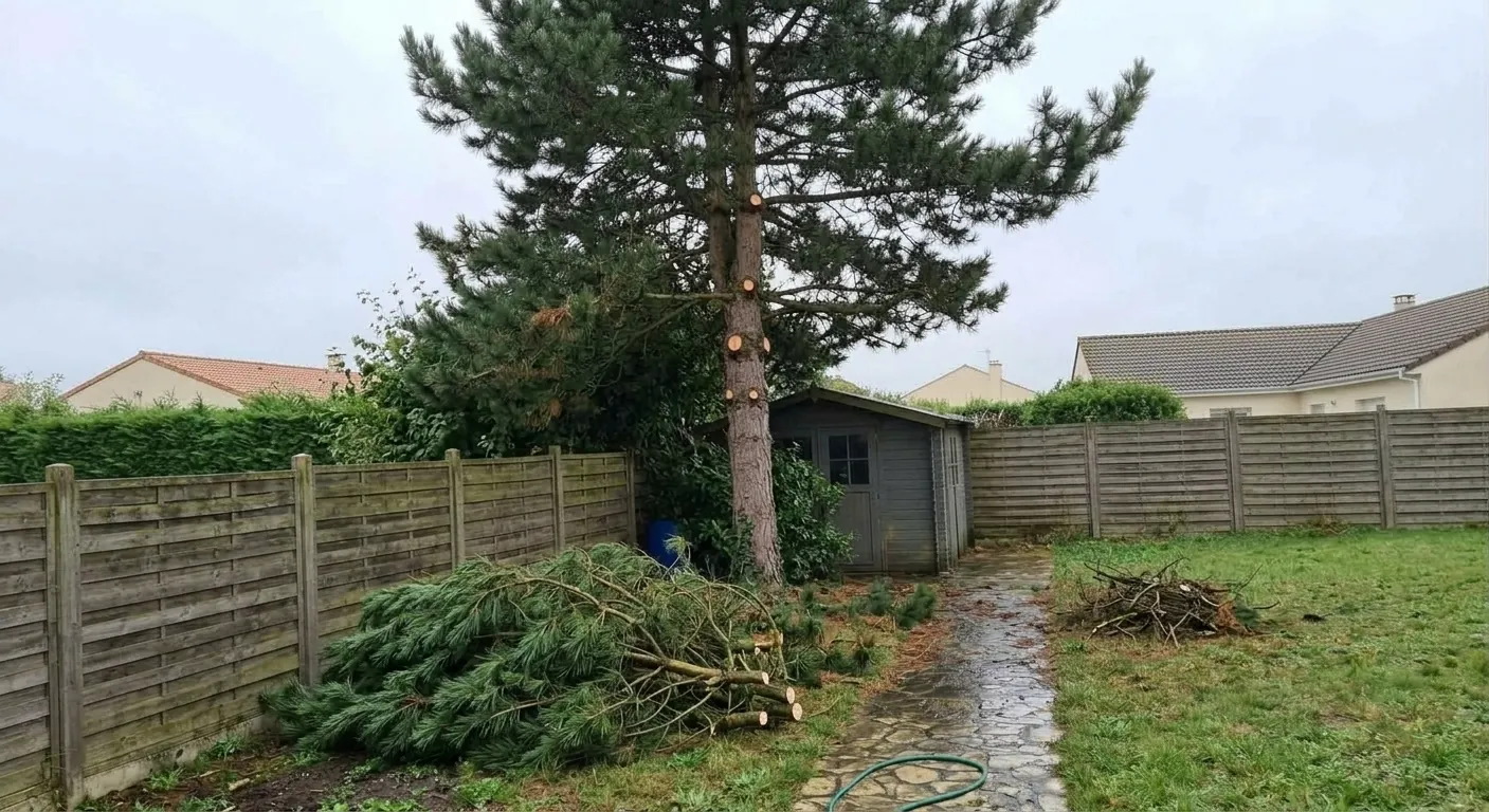 Le même pin aux branches basses retirées, abri dégagé